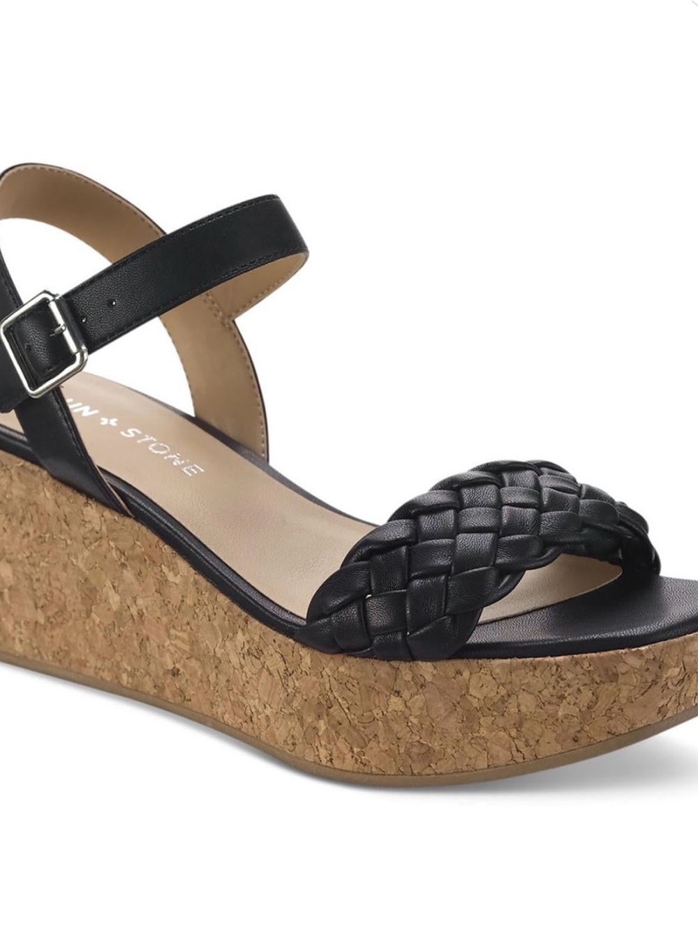 Sun + Stone Black Braided Cork Wedge Sandals